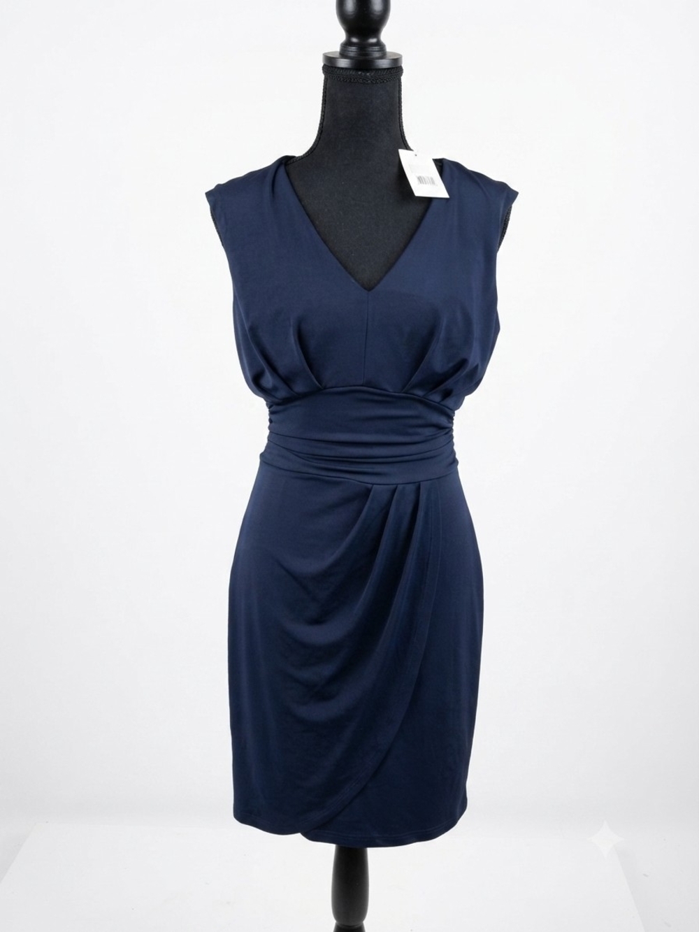 Sleeveless Navy V-Neck Midi Dress with Ruched Waist